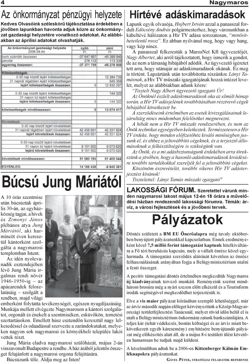 A 10 órás szentmise után búcsúztak április 30-án, az egyházközség tagjai, a hívek és Zimonyi János plébános atya Jung Máriától, aki harmincöt éven keresztül kántorként szolgálta a nagymarosi