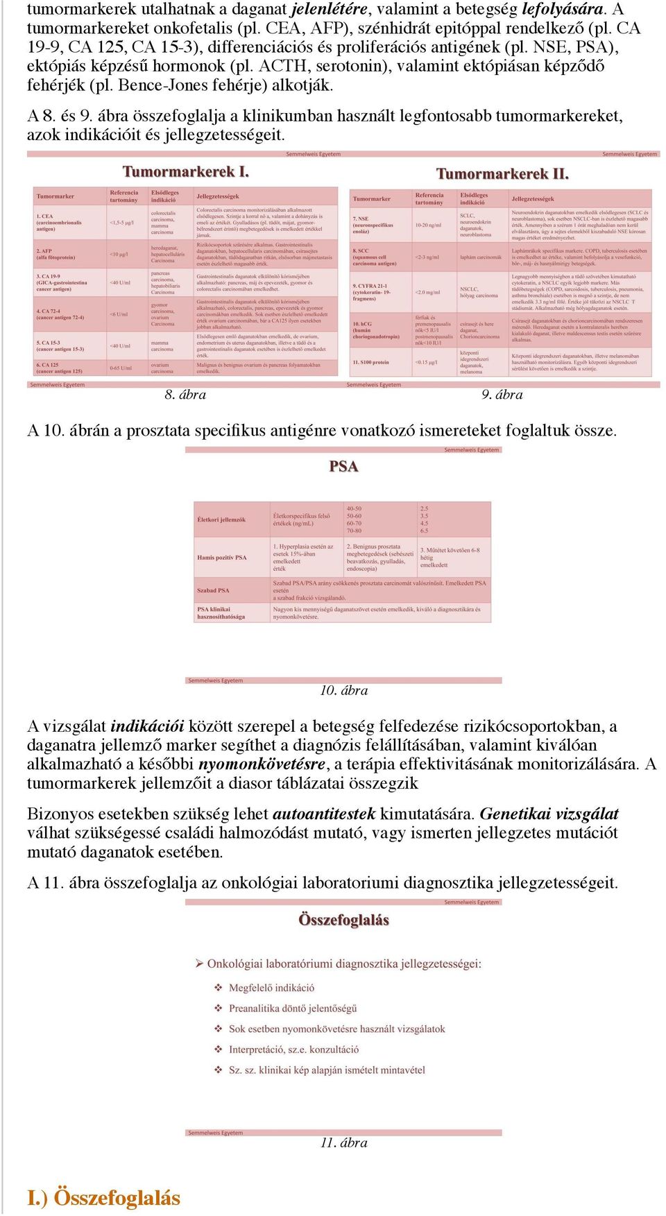 Bence-Jones fehérje) alkotják. A 8. és 9. ábra összefoglalja a klinikumban használt legfontosabb tumormarkereket, azok indikációit és jellegzetességeit. 8. ábra 9. ábra A 10.