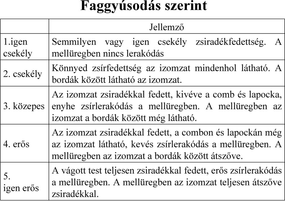 A mellüregben az izomzat a bordák között még látható. Az izomzat zsiradékkal fedett, a combon és lapockán még 4. erős az izomzat látható, kevés zsírlerakódás a mellüregben.