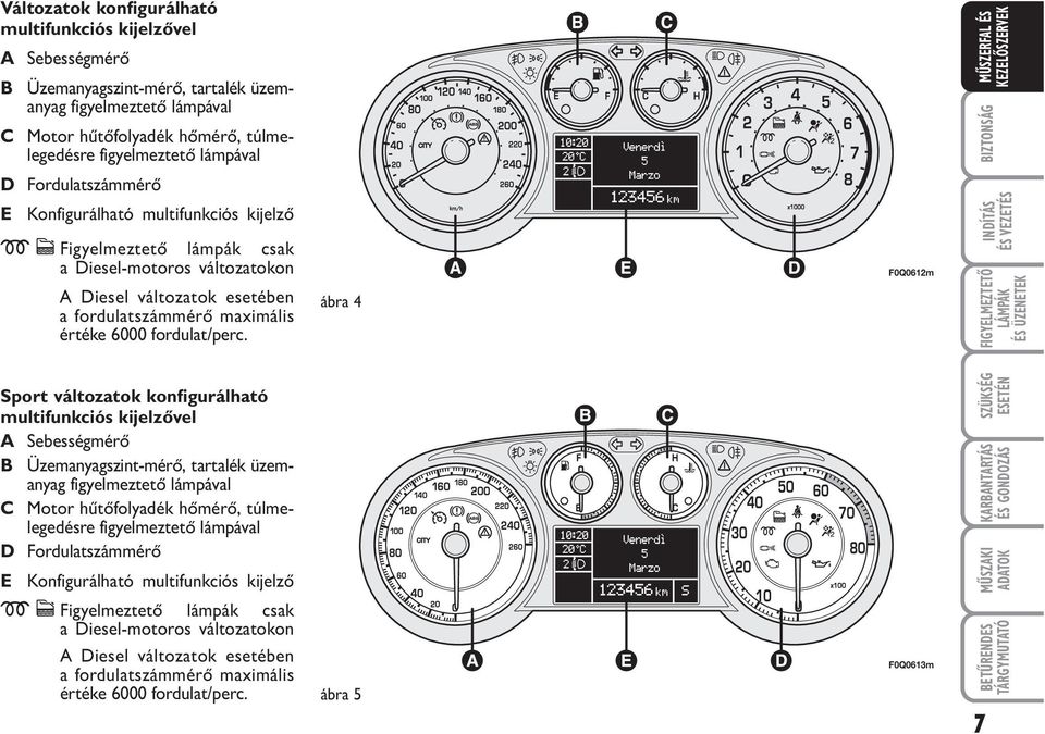 ábra 4 F0Q0612m Sport változatok konfigurálható multifunkciós kijelzővel A Sebességmérő B Üzemanyagszint-mérő, tartalék üzemanyag figyelmeztető lámpával C Motor hűtőfolyadék hőmérő, túlmelegedésre