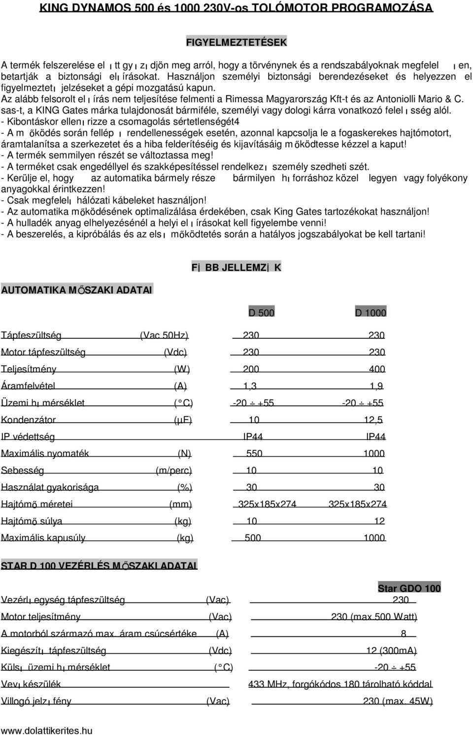 Az alább felsorolt el ı írás nem teljesítése felmenti a Rimessa Magyarország Kft-t és az Antoniolli Mario & C.