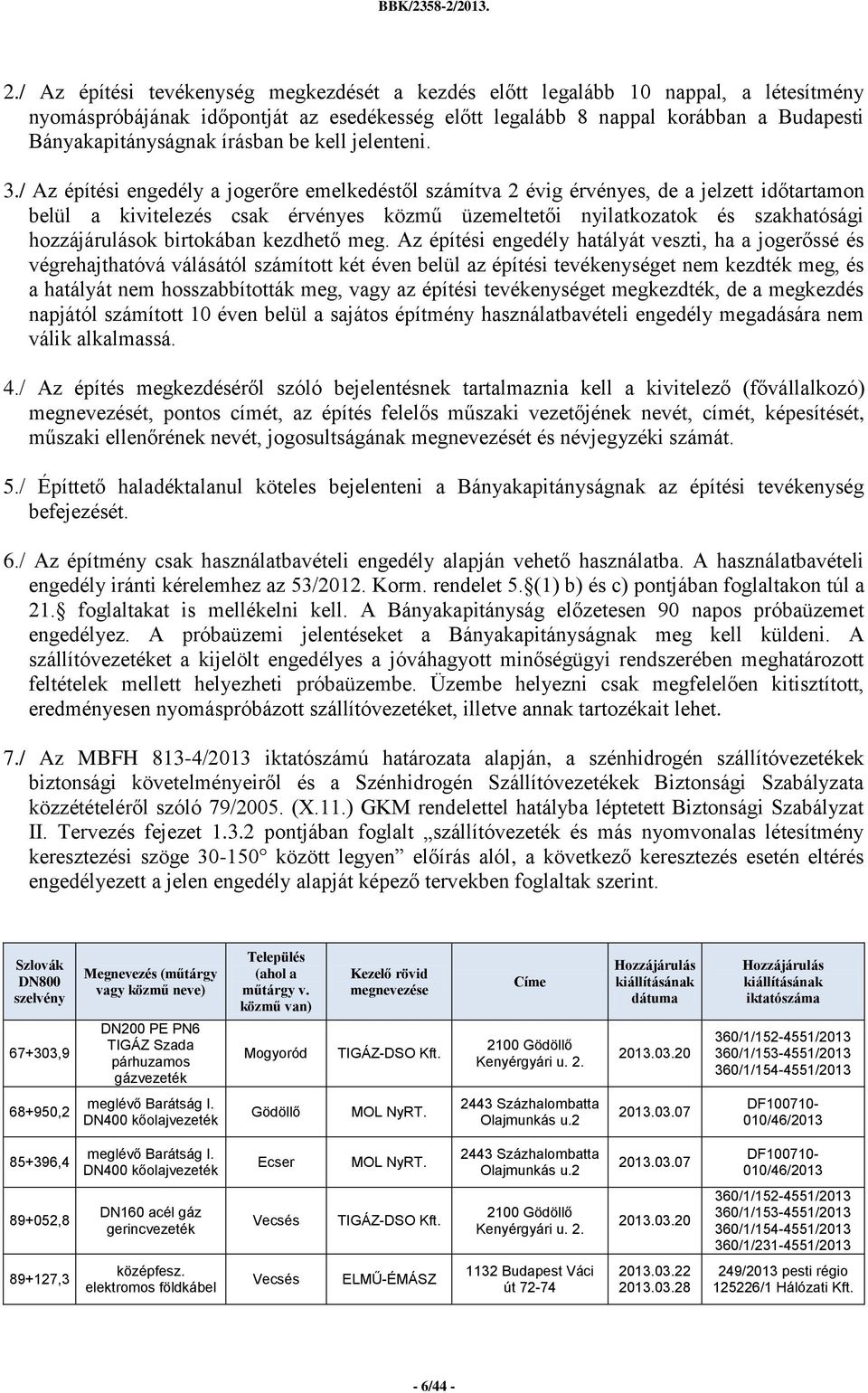 / Az építési engedély a jogerőre emelkedéstől számítva 2 évig érvényes, de a jelzett időtartamon belül a kivitelezés csak érvényes közmű üzemeltetői nyilatkozatok és szakhatósági hozzájárulások