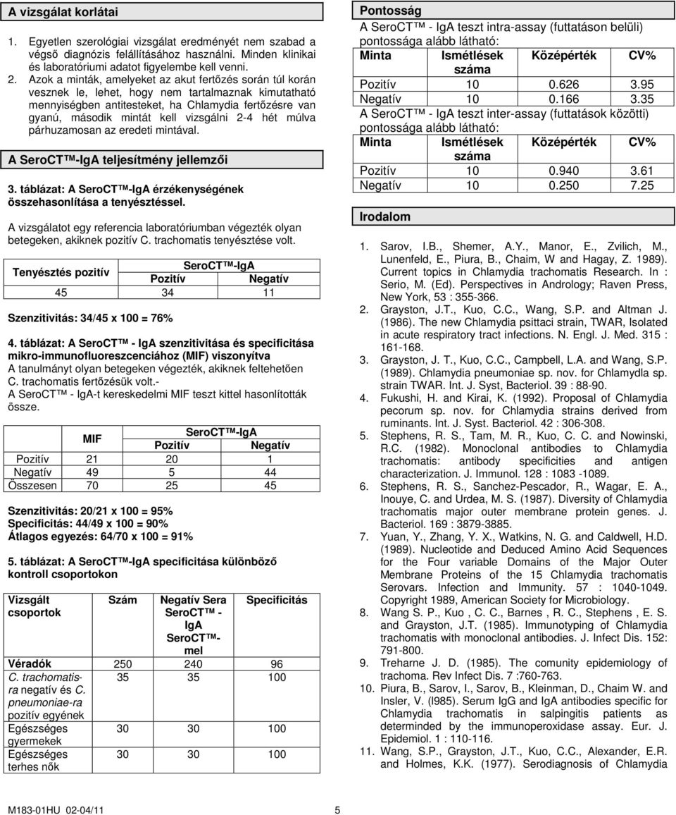 vizsgálni 2-4 hét múlva párhuzamosan az eredeti mintával. A SeroCT -IgA teljesítmény jellemzői 3. táblázat: A SeroCT -IgA érzékenységének összehasonlítása a tenyésztéssel.