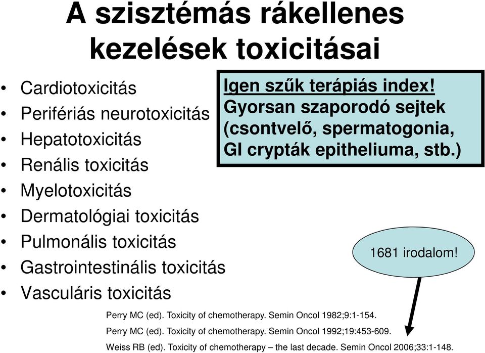 Gyorsan szaporodó sejtek (csontvelő, spermatogonia, GI crypták epitheliuma, stb.) Perry MC (ed). Toxicity of chemotherapy.