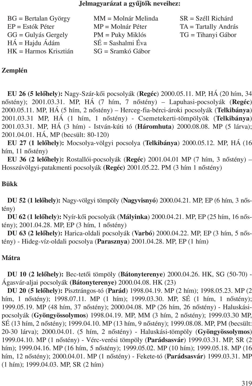 MP, HÁ (7 hím, 7 nõstény) Lapuhasi-pocsolyák (Regéc) 2000.05.11. MP, HÁ (5 hím, 2 nõstény) Herceg-fia-bérci-ároki pocsolyák (Telkibánya) 2001.03.