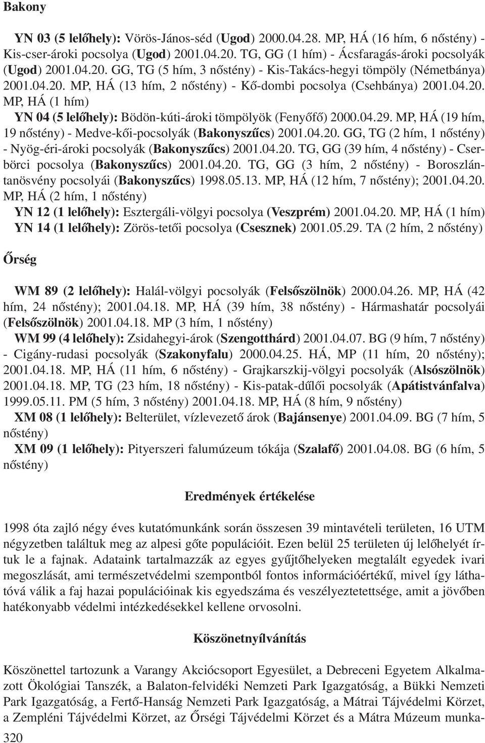 MP, HÁ (19 hím, 19 nõstény) - Medve-kõi-pocsolyák (Bakonyszûcs) 2001.04.20. GG, TG (2 hím, 1 nõstény) - Nyög-éri-ároki pocsolyák (Bakonyszûcs) 2001.04.20. TG, GG (39 hím, 4 nõstény) - Cserbörci pocsolya (Bakonyszûcs) 2001.