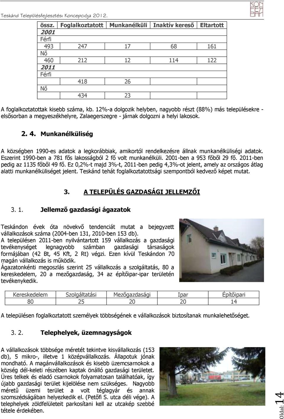 12%-a dolgozik helyben, nagyobb rész (88%) más elepülésekre - elsősorban a megyeszékhelyre, Zalaegerszegre - járnak dolgozni a helyi lakosok. 2. 4.