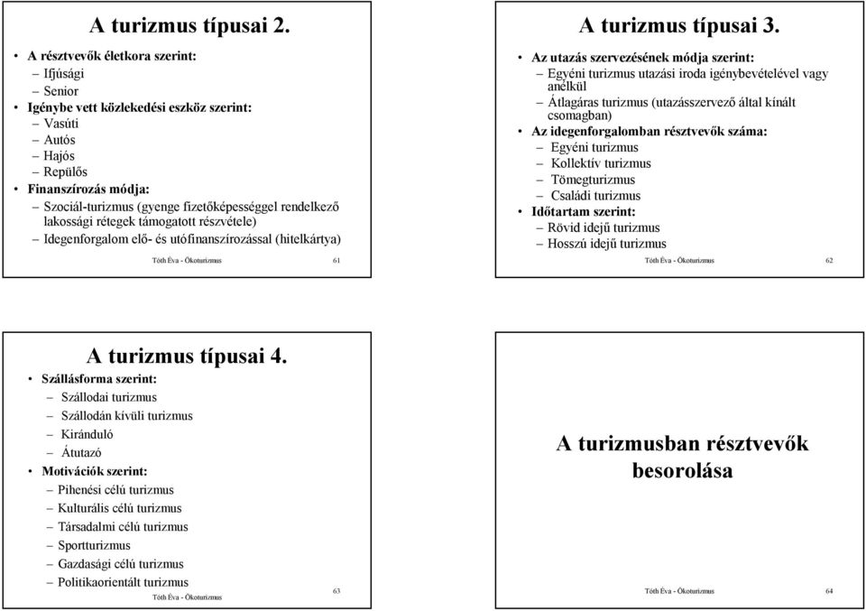 rétegek támogatott részvétele) Idegenforgalom elő- és utófinanszírozással (hitelkártya) 61 A turizmus típusai 3.