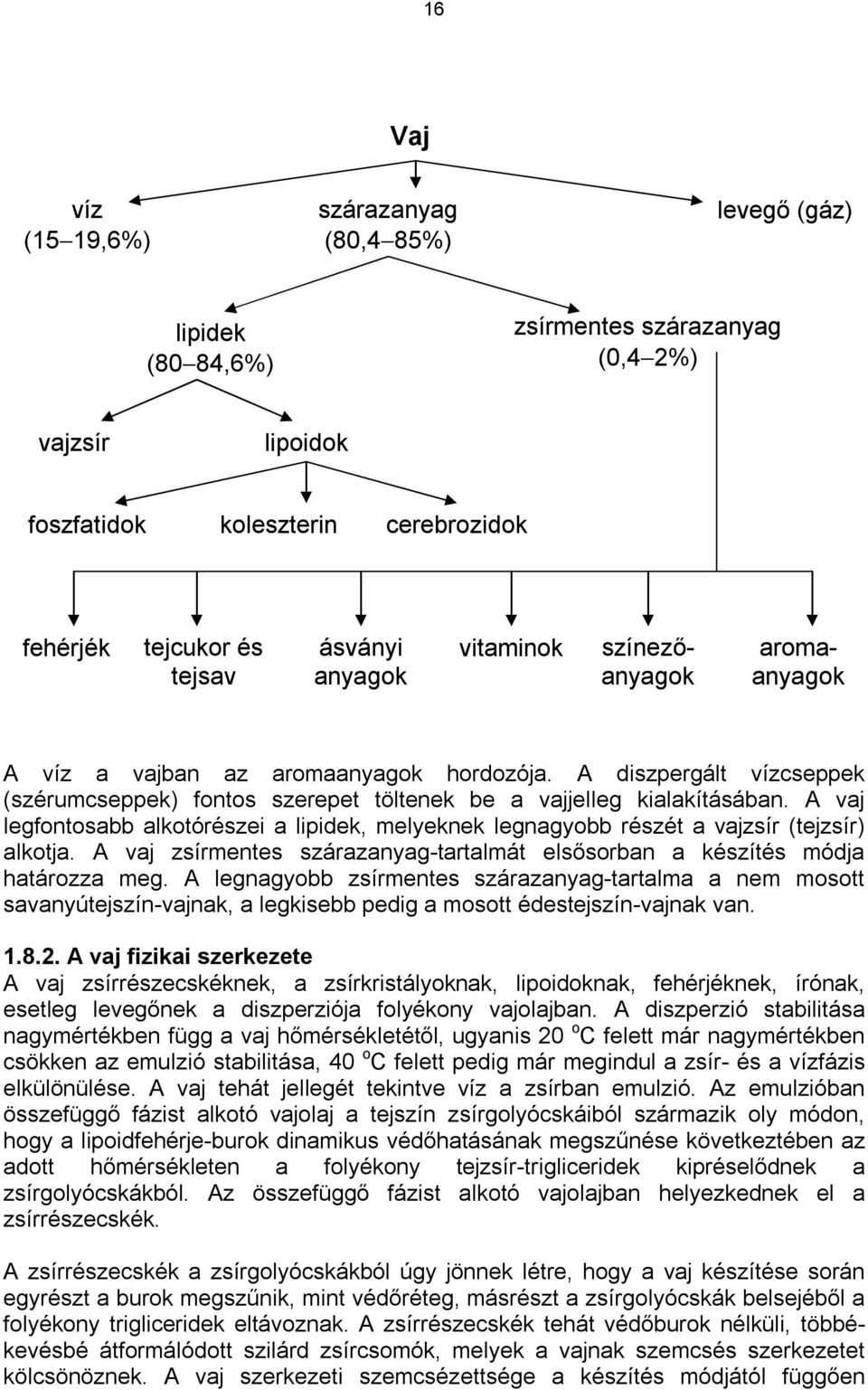 A vaj legfontosabb alkotórészei a lipidek, melyeknek legnagyobb részét a vajzsír (tejzsír) alkotja. A vaj zsírmentes szárazanyag-tartalmát elsősorban a készítés módja határozza meg.