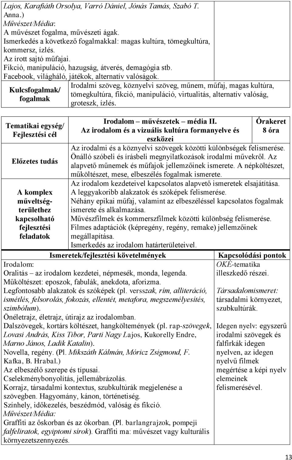 Kulcs/ Tematikai egység/ Irodalmi szöveg, köznyelvi szöveg, műnem, műfaj, magas kultúra, tömegkultúra, fikció, manipuláció, virtualitás, alternatív valóság, groteszk, ízlés.