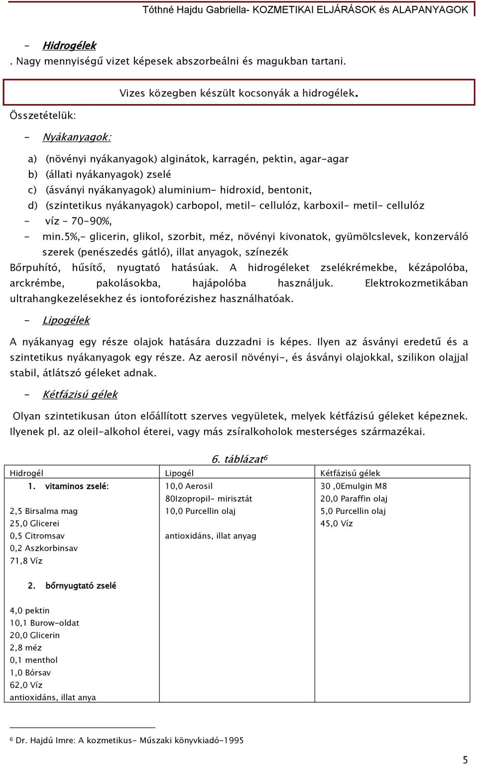 nyákanyagok) carbopol, metil- cellulóz, karboxil- metil- cellulóz - víz 70-90%, - min.