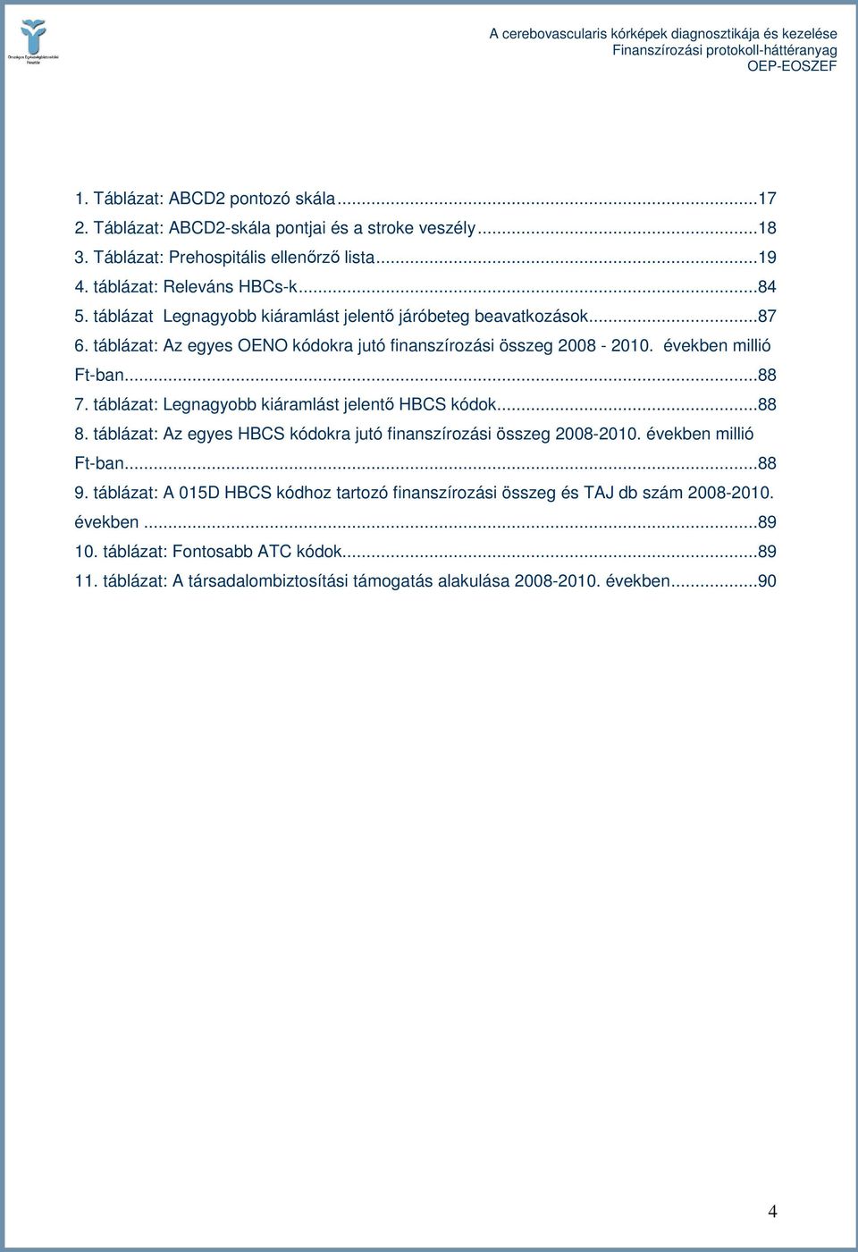 táblázat: Legnagyobb kiáramlást jelentı HBCS kódok...88 8. táblázat: Az egyes HBCS kódokra jutó finanszírozási összeg 2008-2010. években millió Ft-ban...88 9.