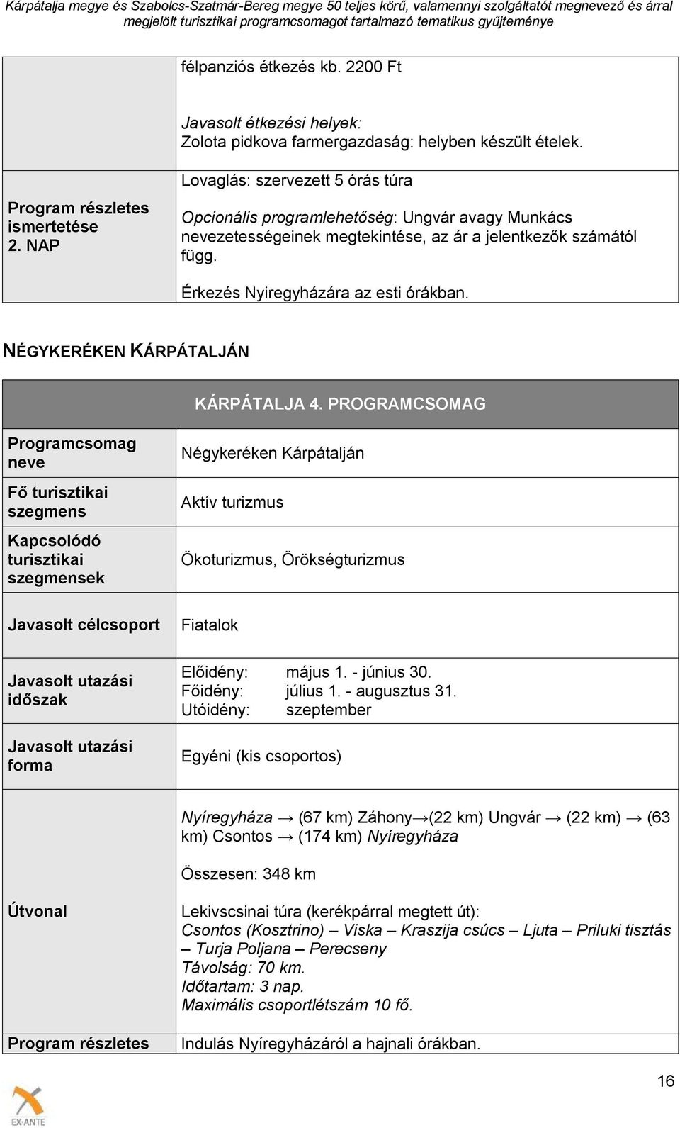 PROGRAMCSOMAG Programcsomag neve Fő turisztikai szegmens Kapcsolódó turisztikai szegmensek Javasolt célcsoport időszak forma Négykeréken Kárpátalján Aktív turizmus Ökoturizmus, Örökségturizmus