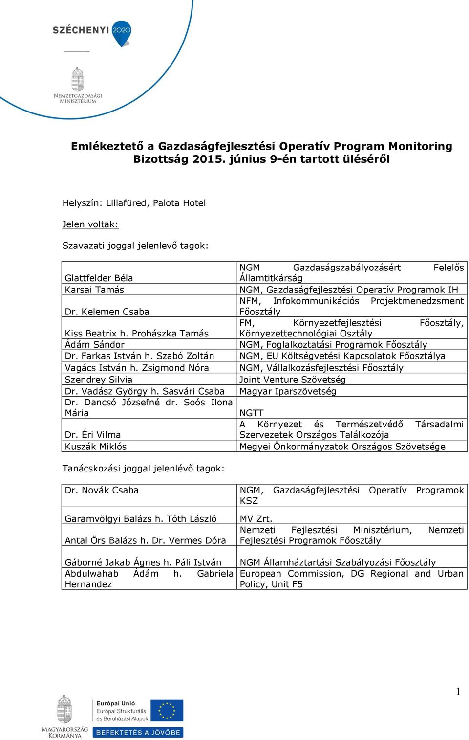 Prohászka Tamás Ádám Sándor Dr. Farkas István h. Szabó Zoltán Vagács István h. Zsigmond Nóra Szendrey Silvia Dr. Vadász György h. Sasvári Csaba Dr. Dancsó Józsefné dr. Soós Ilona Mária Dr.