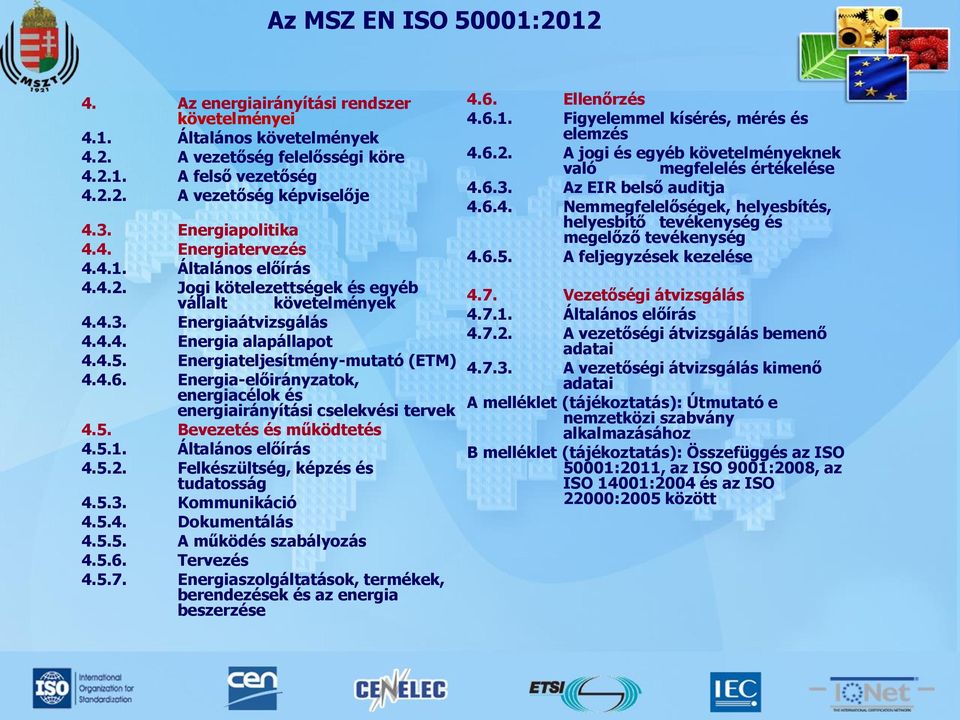 Energiateljesítmény-mutató (ETM) 4.4.6. Energia-előirányzatok, energiacélok és energiairányítási cselekvési tervek 4.5. Bevezetés és működtetés 4.5.1. Általános előírás 4.5.2.