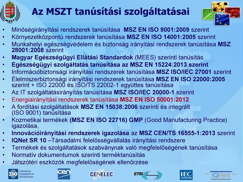 szerint Információbiztonsági irányítási rendszerek tanúsítása MSZ ISO/IEC 27001 szerint Élelmiszerbiztonsági irányítási rendszerek tanúsítása MSZ EN ISO 22000:2005 szerint + ISO 22000 és ISO/TS