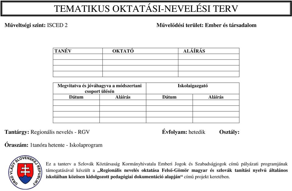 hetente - Iskolaprogram Ez a tanterv a Szlovák Köztársaság Kormányhivatala Emberi Jogok és Szabadságjogok című pályázati programjának támogatásával készült