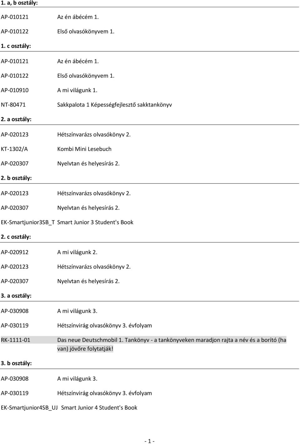 a osztály: KT-1302/A Kombi Mini Lesebuch 2. b osztály: EK-Smartjunior3SB_T Smart Junior 3 Student's Book 2.