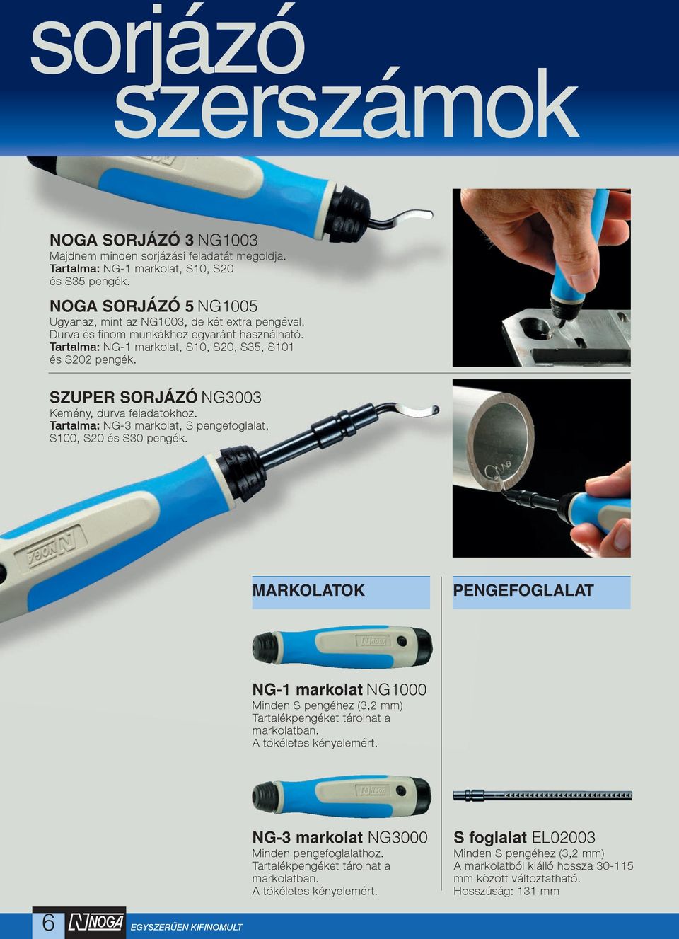 NG-3 markolat, S pengefoglalat, S100, S20 és S30 pengék. MARKOLATOK PENGEFOGLALAT NG-1 markolat NG1000 Minden S pengéhez (3,2 mm) Tartalékpengéket tárolhat a markolatban. A tökéletes kényelemért.