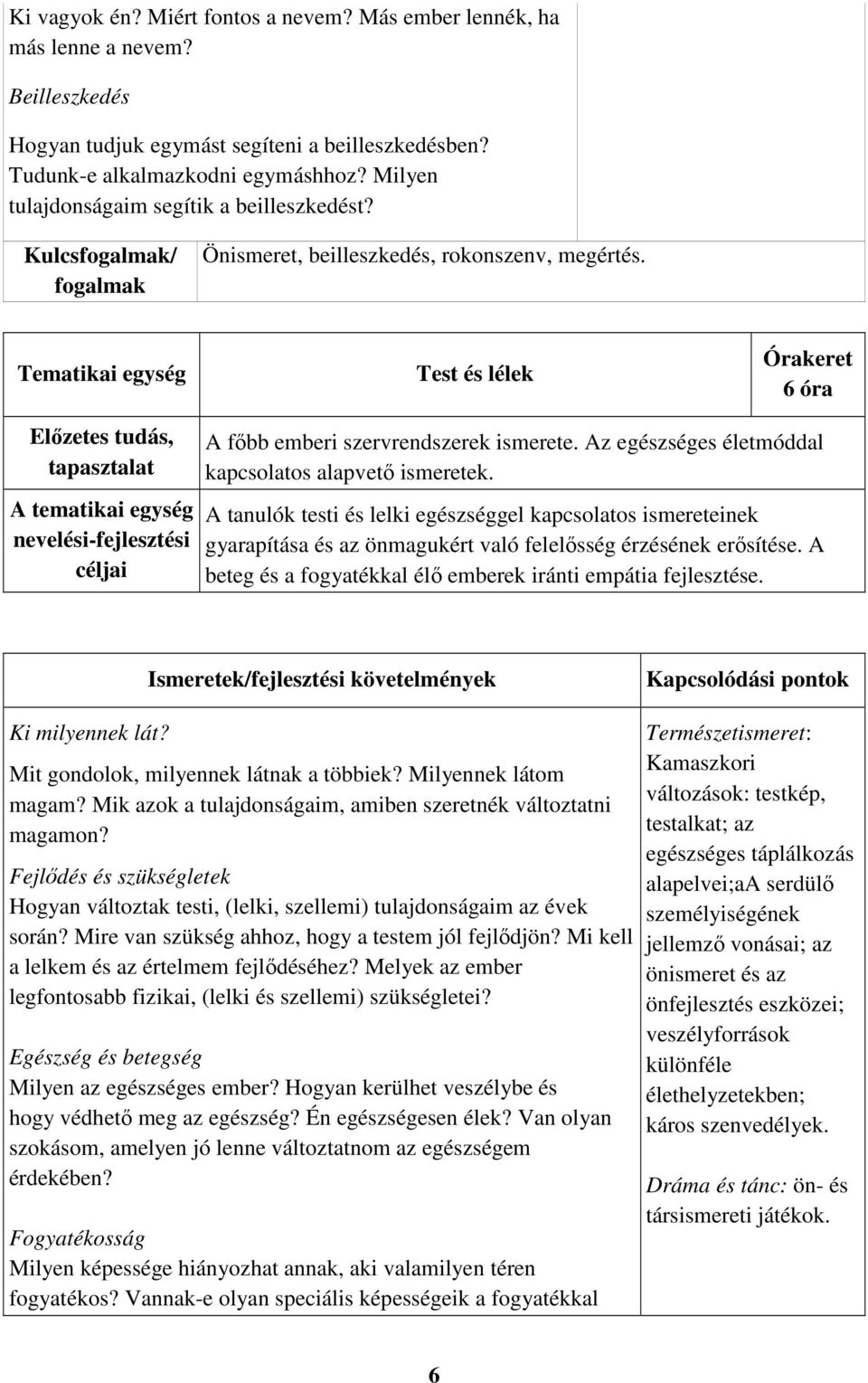 Az egészséges életmóddal kapcsolatos alapvető ismeretek. A tanulók testi és lelki egészséggel kapcsolatos ismereteinek gyarapítása és az önmagukért való felelősség érzésének erősítése.