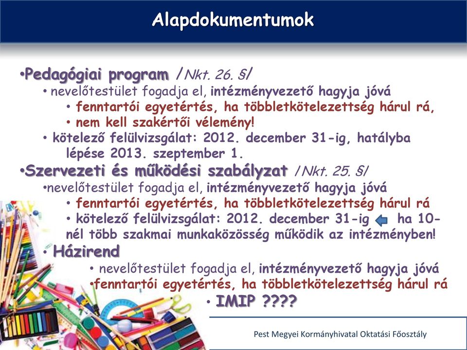 kötelező felülvizsgálat: 2012. december 31-ig, hatályba lépése 2013. szeptember 1. Szervezeti és működési szabályzat /Nkt. 25.