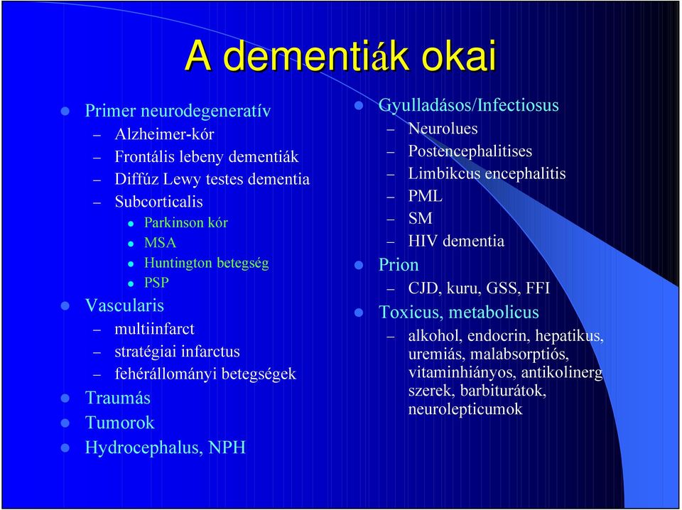 NPH Gyulladásos/Infectiosus Neurolues Postencephalitises Limbikcus encephalitis PML SM HIV dementia Prion CJD, kuru, GSS, FFI