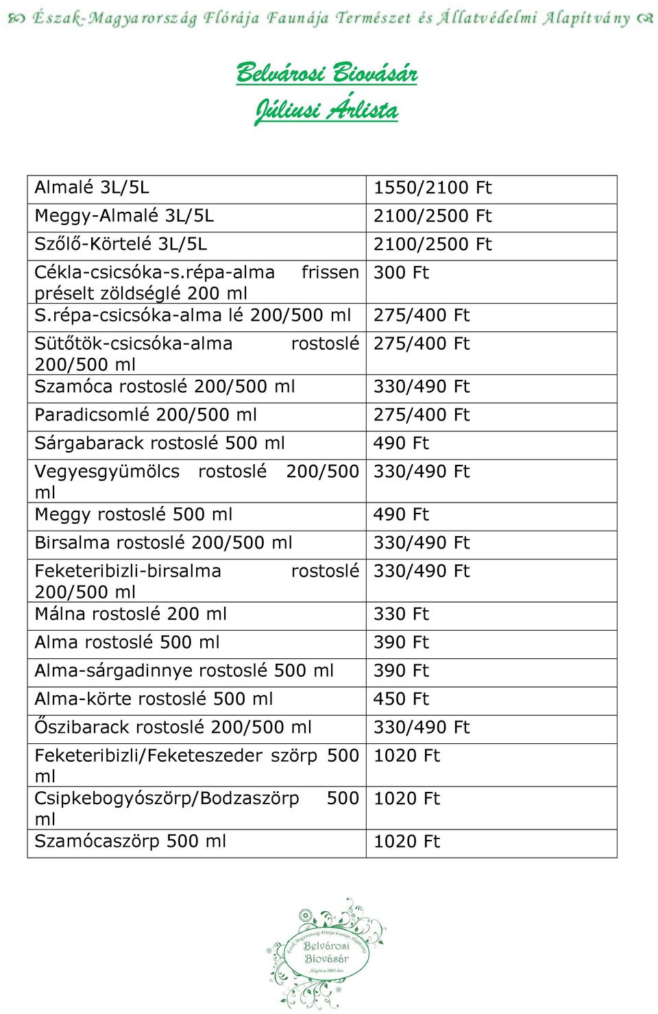 490 Ft Vegyesgyümölcs rostoslé 200/500 330/490 Ft ml Meggy rostoslé 500 ml 490 Ft Birsalma rostoslé 200/500 ml 330/490 Ft Feketeribizli-birsalma rostoslé 330/490 Ft 200/500 ml Málna rostoslé 200 ml