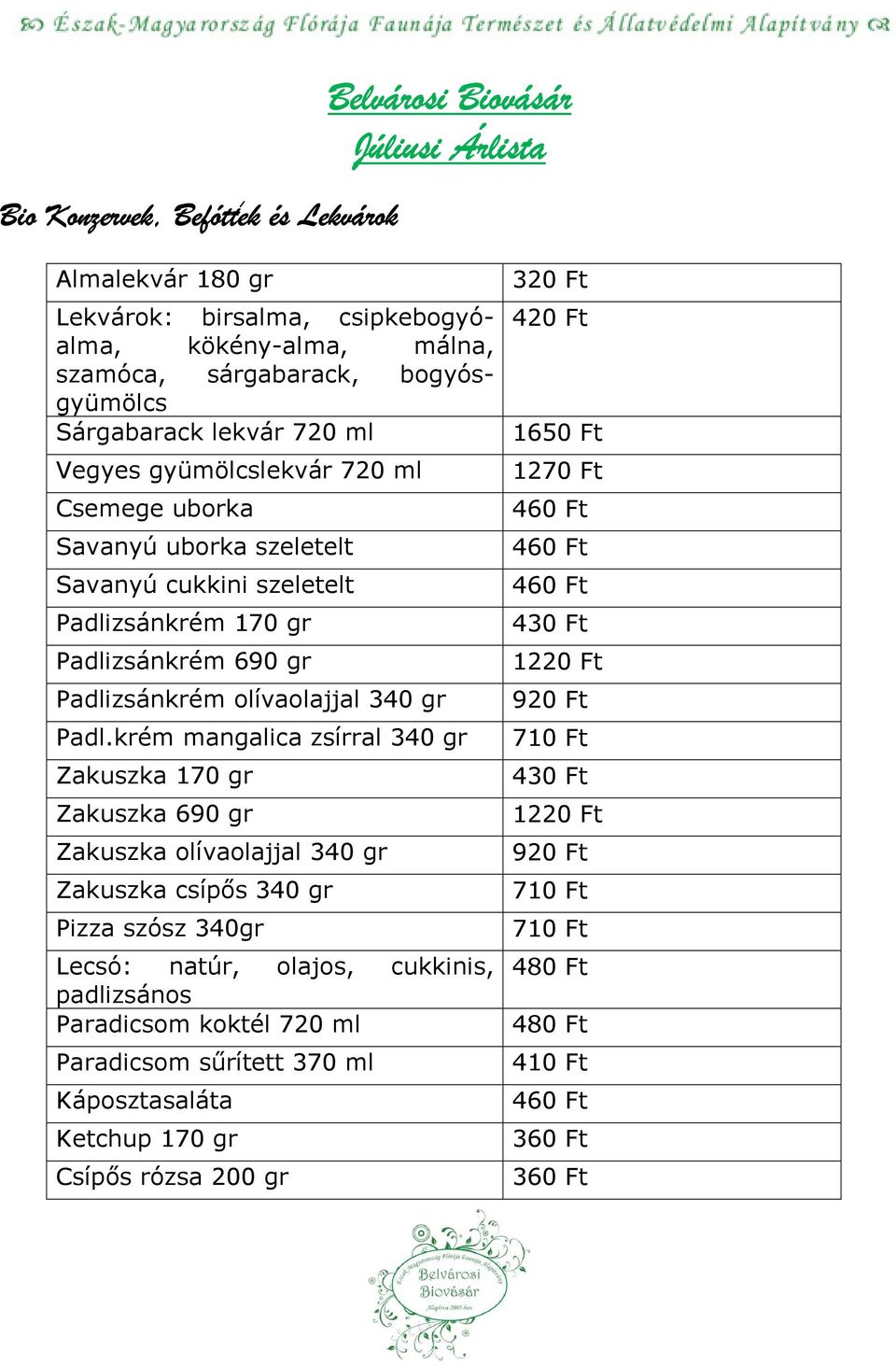 krém mangalica zsírral 340 gr Zakuszka 170 gr Zakuszka 690 gr Zakuszka olívaolajjal 340 gr Zakuszka csípıs 340 gr Pizza szósz 340gr Lecsó: natúr, olajos, cukkinis, padlizsános Paradicsom koktél 720