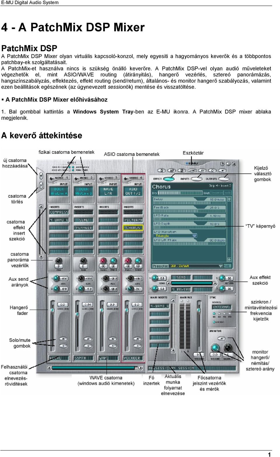 A PatchMix DSP-vel olyan audió műveleteket végezhetők el, mint ASIO/WAVE routing (átirányitás), hangerő vezérlés, sztereó panorámázás, hangszínszabályzás, effektezés, effekt routing