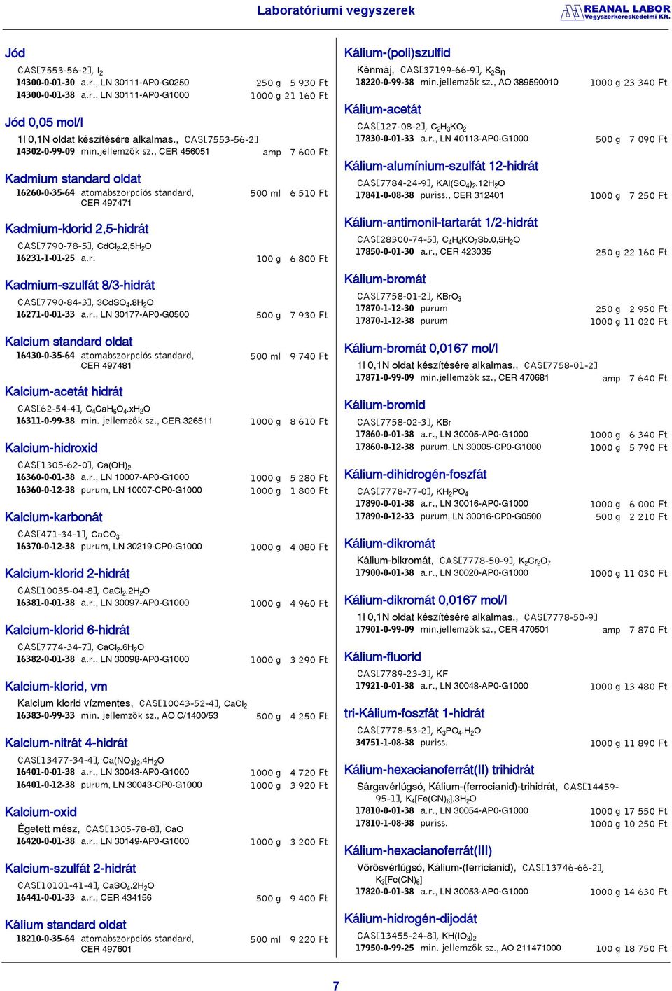 , CER 456051 amp 7 600 Ft Kadmium standard oldat 16260-0-35-64 atomabszorpciós standard, CER 497471 500 ml 6 510 Ft Kadmium-klorid 2,5-hidrát CAS[7790-78-5], CdClÒ.2,5HÒO 16231-1-01-25 a.r. 100 g 6 800 Ft Kadmium-szulfát 8/3-hidrát CAS[7790-84-3], 3CdSOÆ.