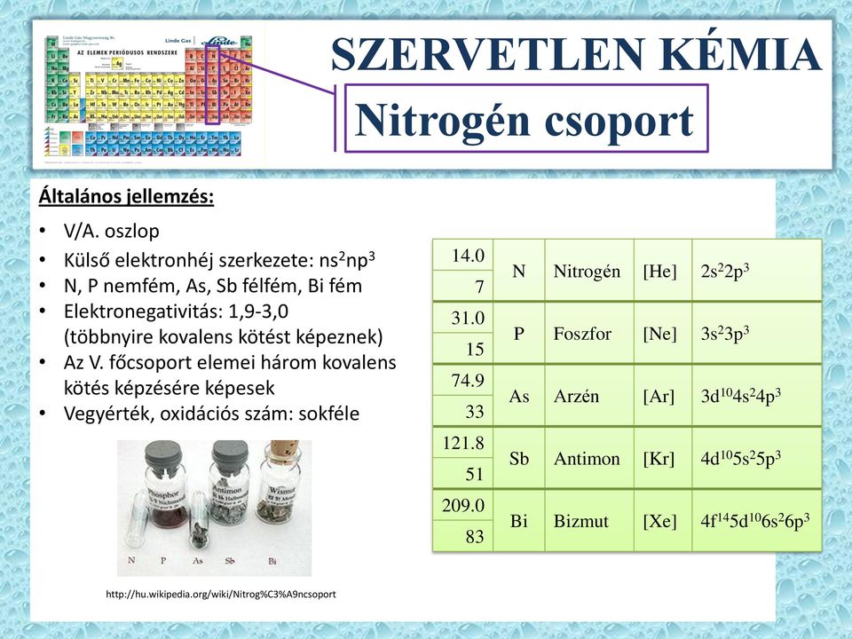 kötést képeznek) Az V. főcsoport elemei három kovalens kötés képzésére képesek Vegyérték, oxidációs szám: sokféle 14.0 7 31.0 15 74.