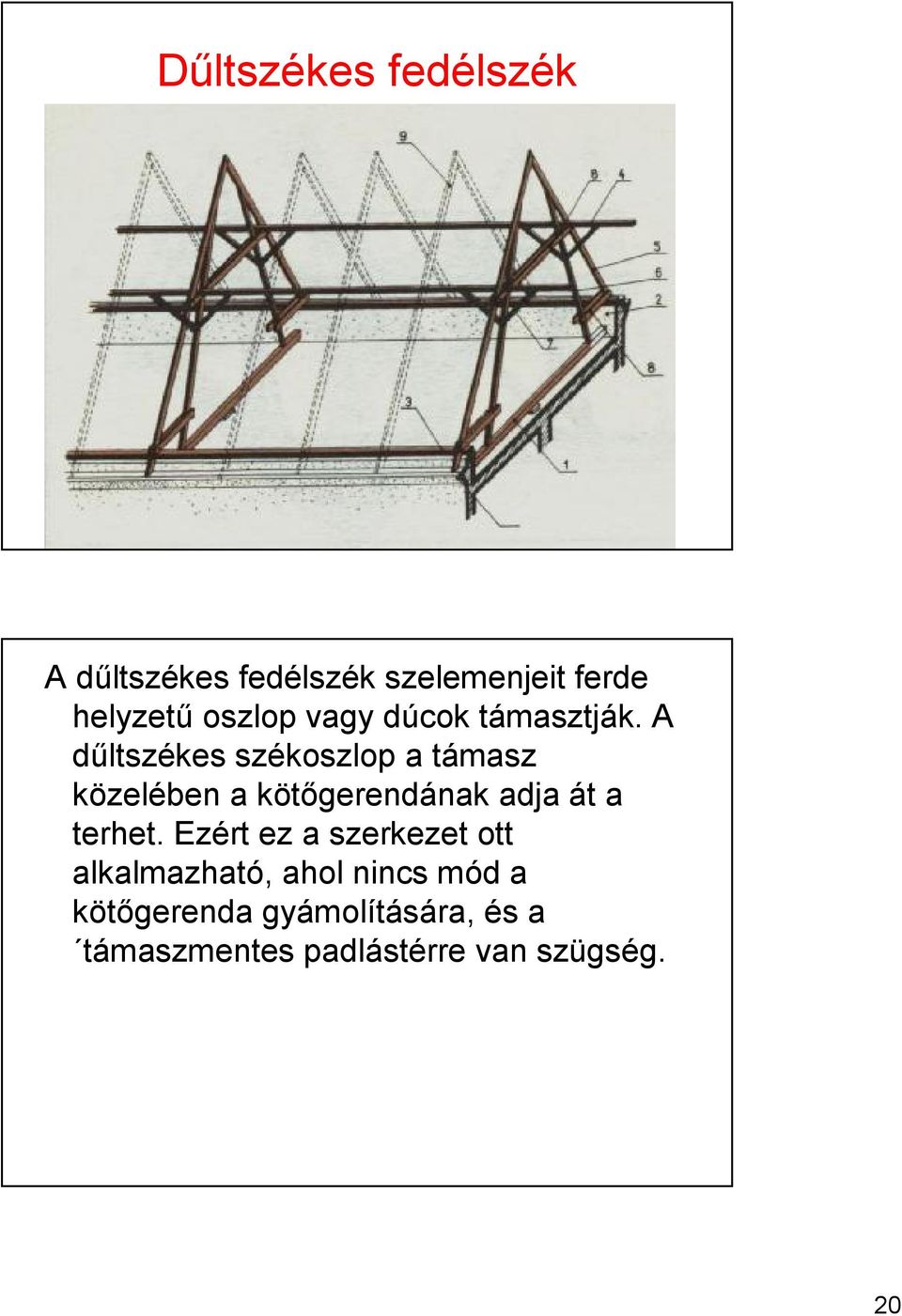 A dűltszékes székoszlop a támasz közelében a kötőgerendának adja át a terhet.