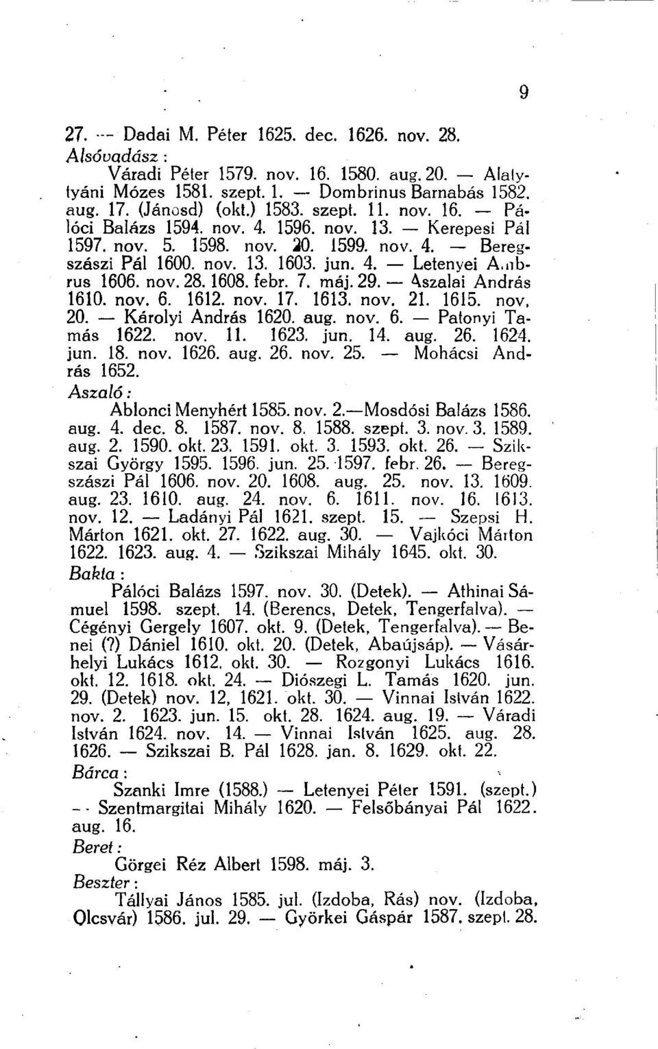 máj. 29. Aszalai András 1610. nov. 6. 1612. nov. 17. 1613. nov. 21. 1615. nov. 20. Károlyi András 1620. aug. nov. 6. Patonyi Tamás 1622. nov. 11. 1623. jun. 14. aug. 26. 1624. jun. 18. nov. 1626. aug. 26. nov. 25.