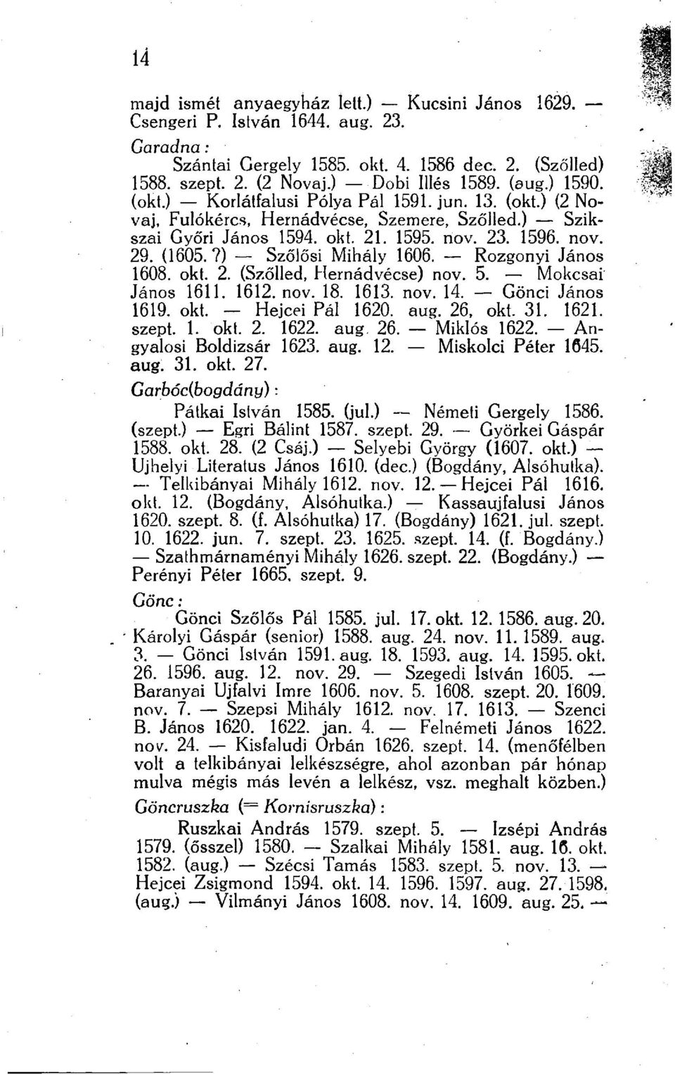 ?) Szőlősi Mihály 1606. Rozgonyi János 1608. okt. 2. (Szőlled, Hernádvécse) nov. 5. Mokcsai János 1611. 1612. nov. 18. 1613. nov. 14. Gönci János 1619. okt. Hejcei Pál 1620. aug. 26, okt. 31. 1621.