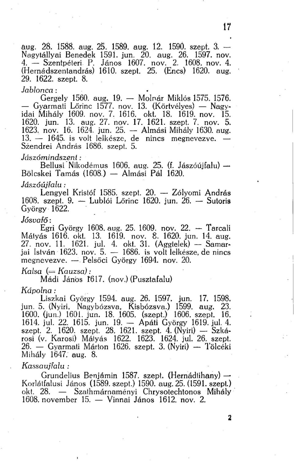 13. aug. 27. nov. 17. 1621. szept. 7. nov. 5. 1623. nov. 16. 1624. jun. 25. Almási Mihály 1630. aug. 13. 1645. is volt lelkésze, de nincs megnevezve. Szendrei András 1686. szept. 5. Jászómindszent: Bellusi Nikodemus 1606.