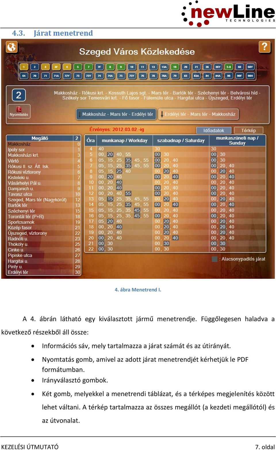 Nyomtatás gomb, amivel az adott járat menetrendjét kérhetjük le PDF formátumban. Irányválasztó gombok.
