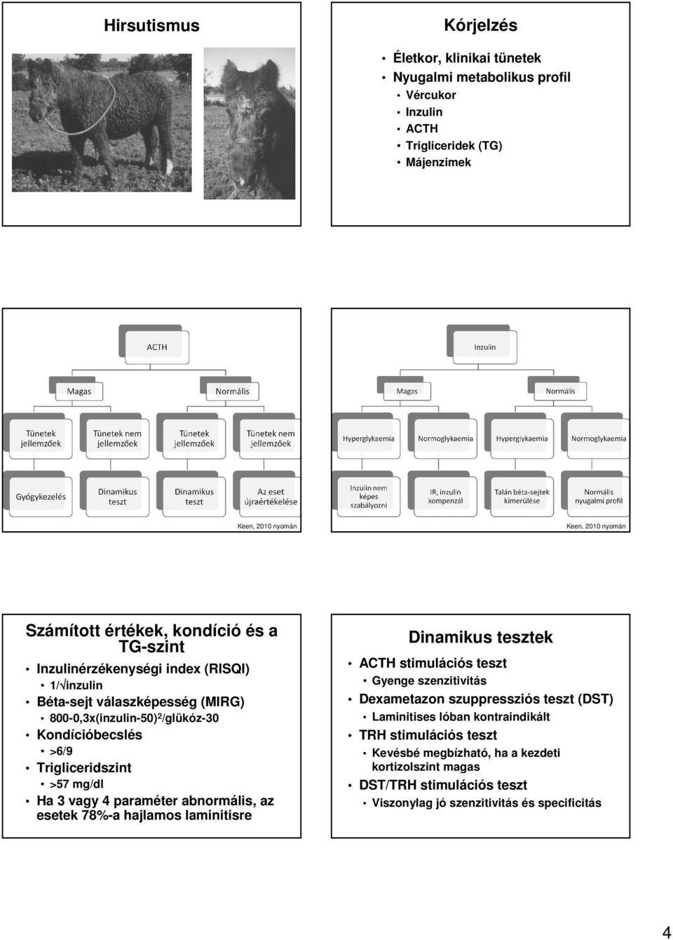 3 vagy 4 paraméter abnormális, az esetek 78%-a hajlamos laminitisre Dinamikus tesztek ACTH stimulációs teszt Gyenge szenzitivitás Dexametazon szuppressziós teszt (DST)