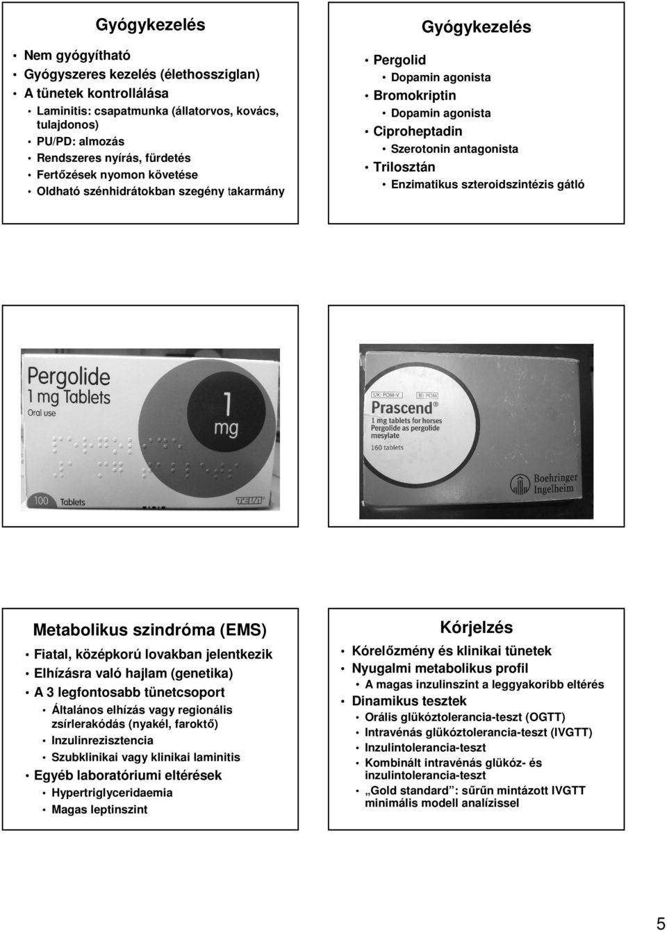 vagy regionális zsírlerakódás (nyakél, faroktő) Inzulinrezisztencia Szubklinikai vagy klinikai laminitis Egyéb laboratóriumi eltérések Hypertriglyceridaemia Magas leptinszint Pergolid Dopamin