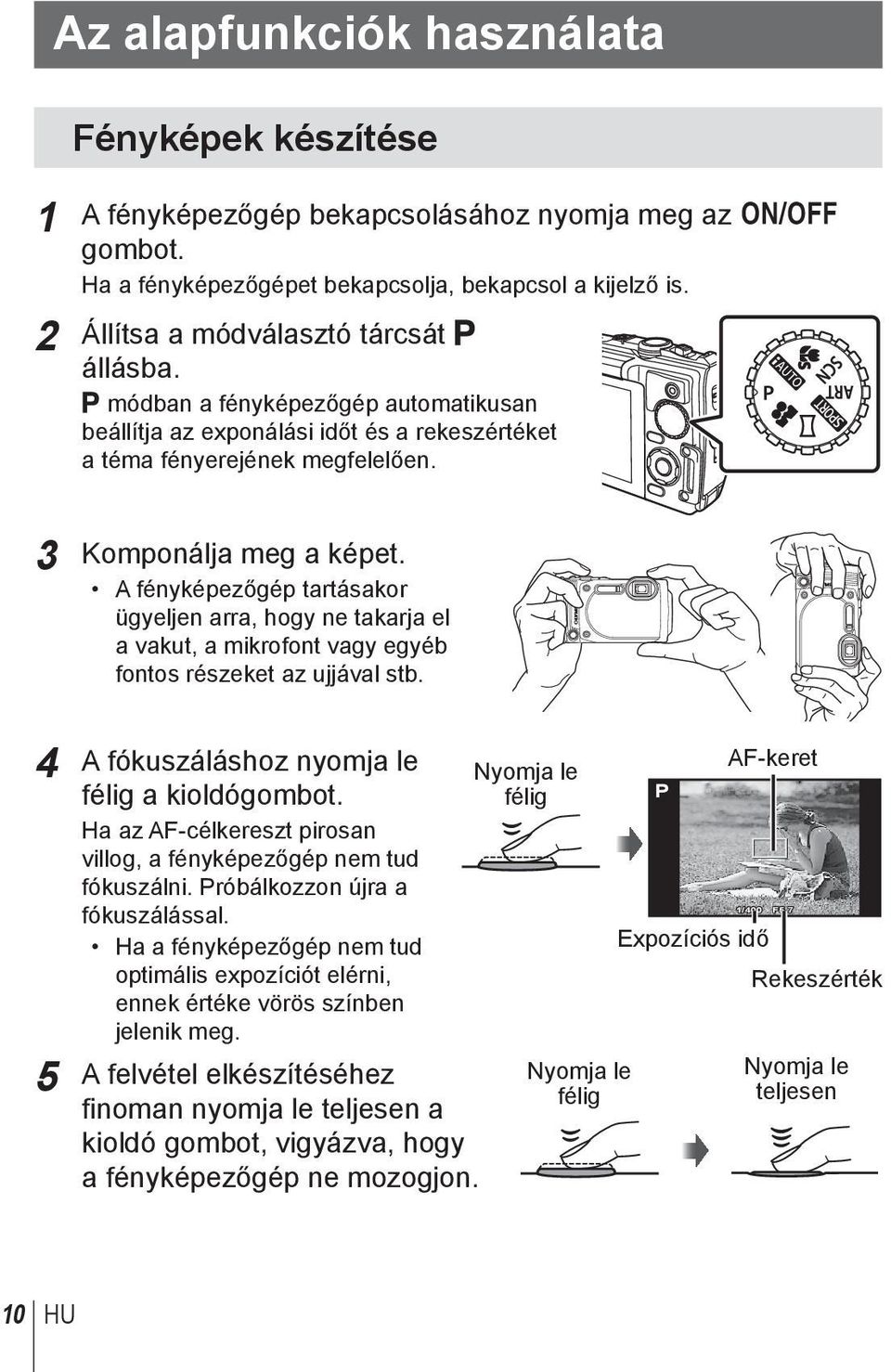 A fényképezőgép tartásakor ügyeljen arra, hogy ne takarja el a vakut, a mikrofont vagy egyéb fontos részeket az ujjával stb. 4 A fókuszáláshoz nyomja le félig a kioldógombot.