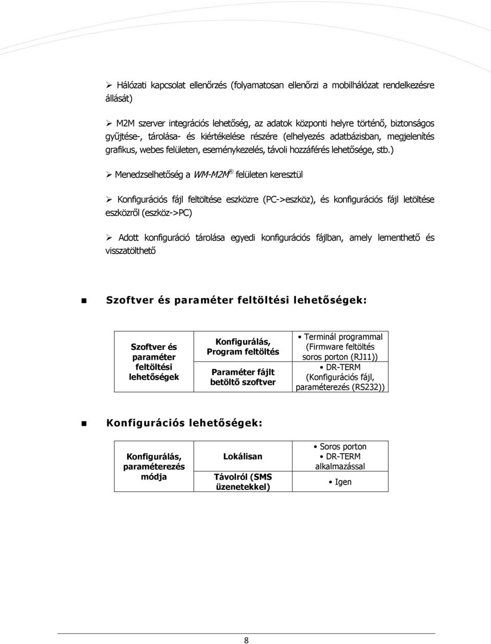 ) Menedzselhetőség a WM-M2M felületen keresztül Konfigurációs fájl feltöltése eszközre (PC->eszköz), és konfigurációs fájl letöltése eszközről (eszköz->pc) Adott konfiguráció tárolása egyedi