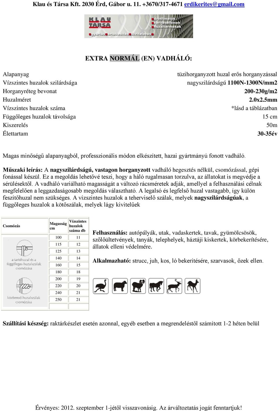 5mm 15 30-35év Műszaki leírás: A nagyszilárdságú, vastagon horganyzott vadháló hegesztés nélkül, csomózással, gépi feszítőhuzal