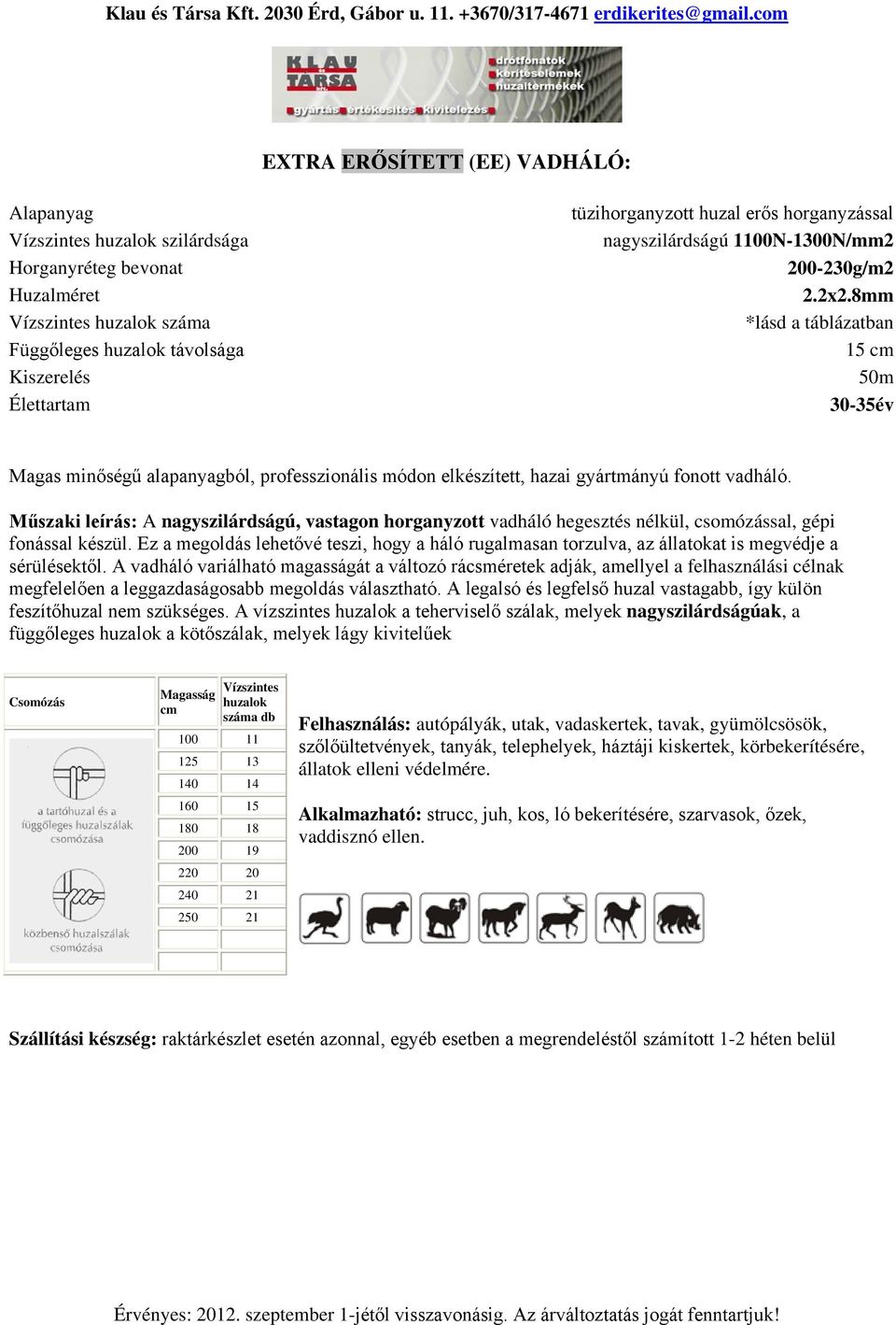 8mm 15 30-35év Műszaki leírás: A nagyszilárdságú, vastagon horganyzott vadháló hegesztés nélkül, csomózással, gépi feszítőhuzal