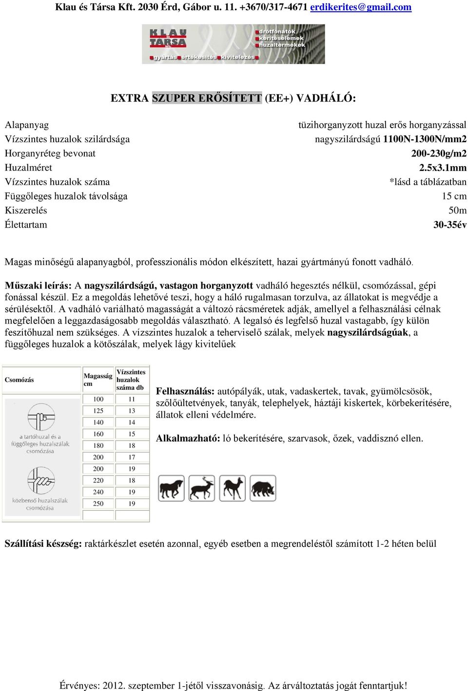 1mm 15 30-35év Műszaki leírás: A nagyszilárdságú, vastagon horganyzott vadháló hegesztés nélkül, csomózással, gépi feszítőhuzal