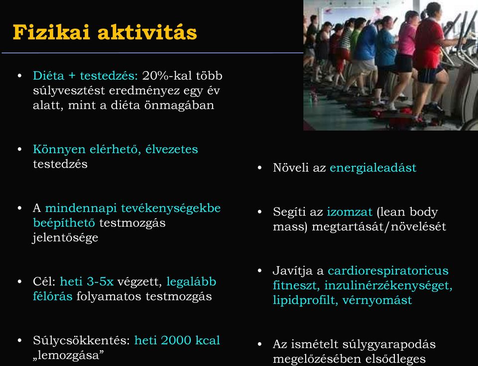 legalább félórás folyamatos testmozgás Segíti az izomzat (lean body mass) megtartását/növelését Javítja a cardiorespiratoricus