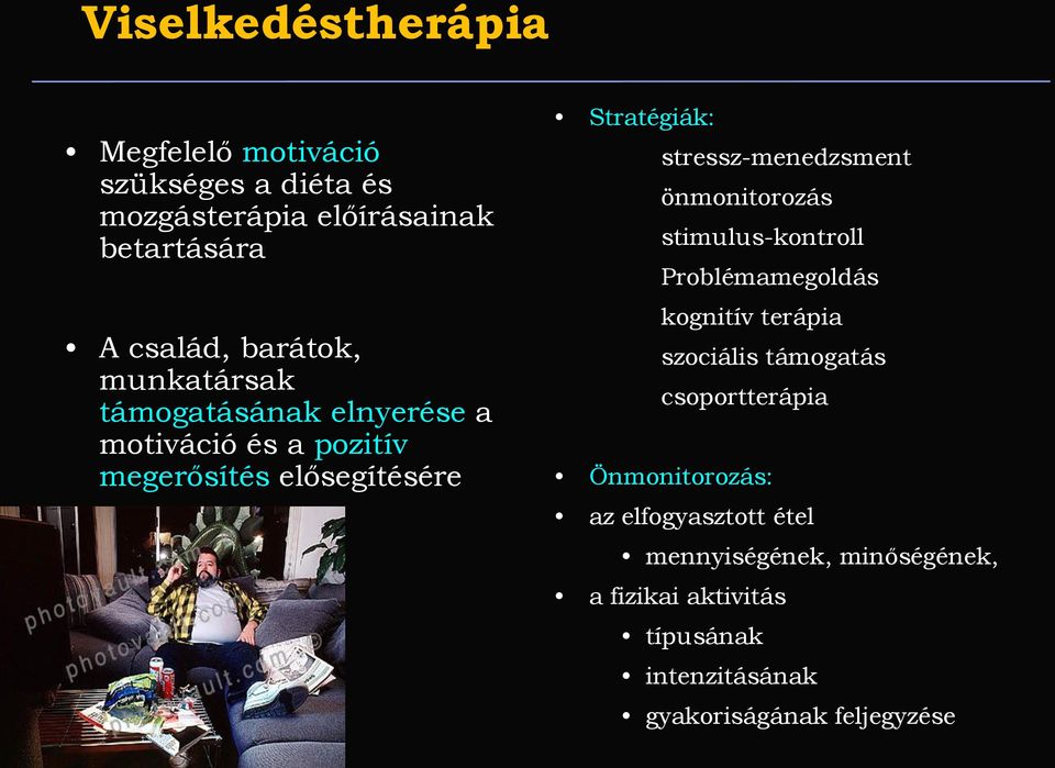 önmonitorozás stimulus-kontroll Problémamegoldás kognitív terápia szociális támogatás csoportterápia Önmonitorozás: az