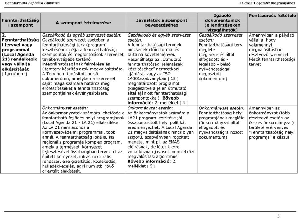 esetében a fenntarthatósági terv (program) készítésének célja a fenntarthatósági szempontok és megfontolások szervezeti tevékenységébe történő integrálhatóságának felmérése és ütemterv készítés azok