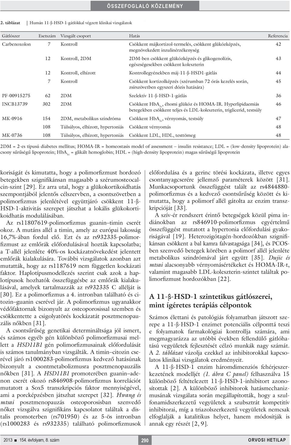 44 7 Kontroll Csökkent kortizolképzés (szérumban 72 órás kezelés során, 45 zsírszövetben egyszeri dózis hatására) PF-00915275 62 2DM Szelektív 11-β-HSD-1-gátlás 36 INCB13739 302 2DM Csökkent HbA 1c,