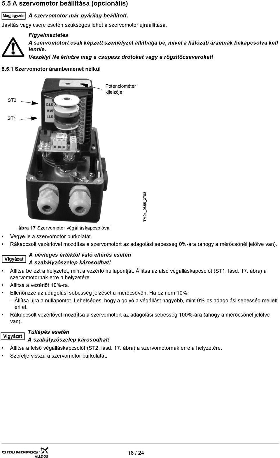 5.1 Szervomotor árambemenet nélkül ST2 Potenciométer kijelzője ST1 TM04_0855_3708 ábra 17 Szervomotor végálláskapcsolóval Vegye le a szervomotor burkolatát.