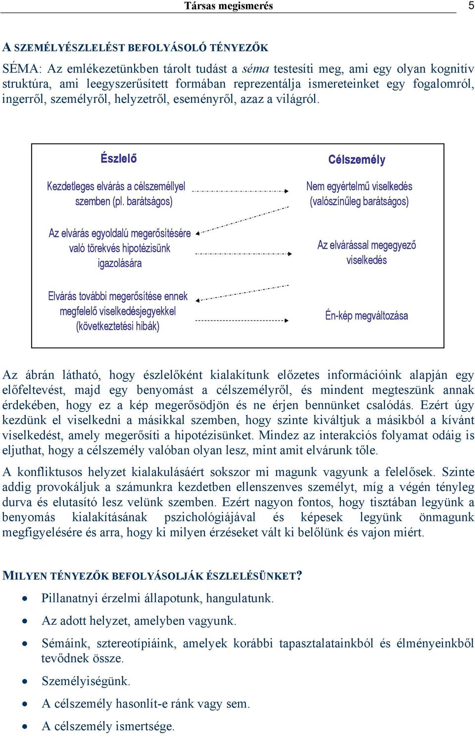 barátságos) Az elvárás egyoldalú megerősítésére való törekvés hipotézisünk igazolására Elvárás további megerősítése ennek megfelelő viselkedésjegyekkel (következtetési hibák) Célszemély Nem