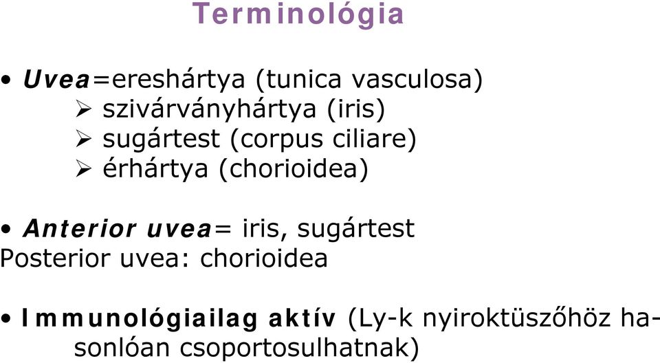 (chorioidea) Anterior uvea= iris, sugártest Posterior uvea: